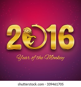 New Year postcard design, gold text with monkey symbol, year of the monkey 2016 design, postcard, greeting card, banner, vector illustration