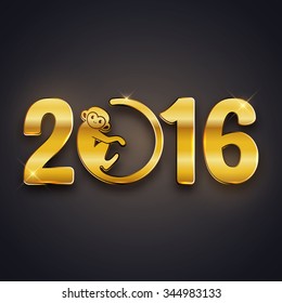 New Year postcard design, gold text with monkey symbol on dark background, year of the monkey 2016 design, postcard, greeting card, banner, vector illustration