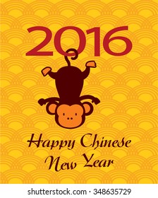 New Year postcard design. monkey symbol on yellow abstract Chinese background. vector illustration