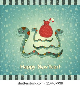 New Year Postcard design - symbol of the year, snake with a bag of gifts - vector illustration