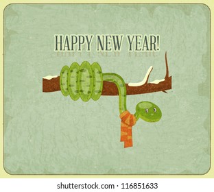 New Year Postcard design - symbol of the year, snake on a branch - vector illustration