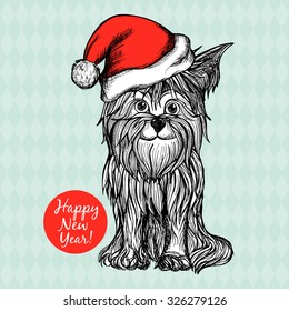 New year postcard with dog in red santa claus hat hand drawn vector illustration