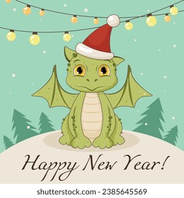 New year postcard with a dragon in red christmas hat and yellow christmas lights with firs and snow on the background. Flat style illustration