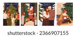 New year postcard. Family decorate christmas tree. Santa Claus leave presents under fir for kids. Girl with pets near xmas firtree with lights. Couple hug in newyear holidays. Flat vector illustration
