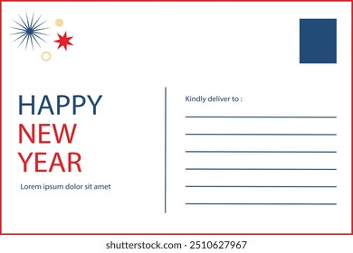 New Year postcard featuring modern typography and abstract elements, with space for a recipient's address.