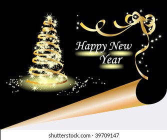 New year postcard with fir tree from gold stars