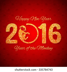 New Year postcard with golden text, year of the monkey, year 2016 design, vector illustration