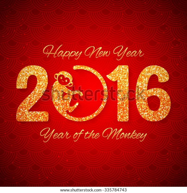 New Year postcard with golden\
text, year of the monkey, year 2016 design, vector\
illustration