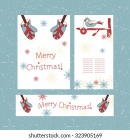 New Year. Postcard, greeting with a bird and gloves. Template set. Sketch.