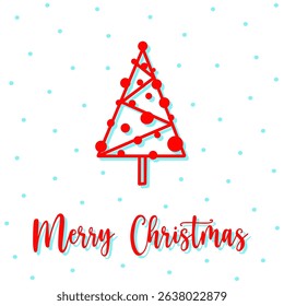 New year postcard with hand drawn red tree. Festive tree with decorations and snowflakes on white background. Concept happy new year postcard to send your holiday wishes in postcard. Merry Christmas