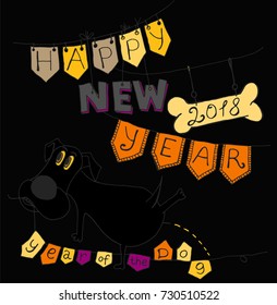 The New Year postcard with hand drawn funny dog, chinese 2017 year symbol, and the decorative lettering. Unique vector illustration in modern style. Beautiful postcard in bright Christmas colours.