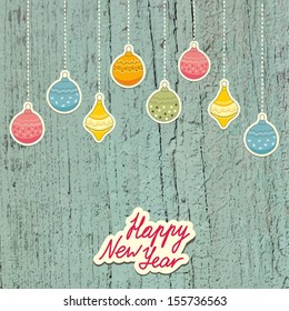 New Year Postcard with hanging decorations.