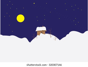 New Year postcard night winter village stylized child painting vector pattern