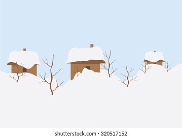 New Year postcard night winter village stylized child painting vector pattern