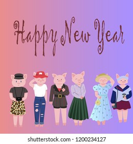 New Year postcard with pigs in trendy outfits in flat style for decoration