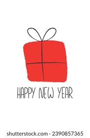 Neue Jahrespostkarte mit rotem Geschenk und Typografie