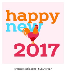 New Year postcard. Red rooster on a label. Symbol of the new year 2017. Vector illustration 