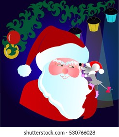 New Year Postcard with Santa Claus and a Little Girl Mouse with a Bow on its Tail, Whispering New Year Wishes to Santa's Ear, on the Dark Blue Background with Branch, Multicolored Balls, and Lamps