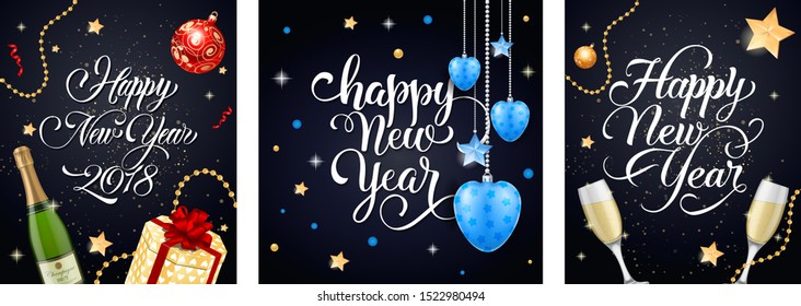 New Year postcard set with bottle of champagne, hanging baubles, gift and sparkles on dark blue background. Vector illustration for festive posters, greeting cards, flyers