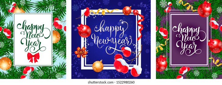 New Year postcard set with fir tree branches, baubles, berries, calligraphic text in frame. Vector illustration for festive posters, banners, flyers