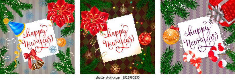New Year postcard set with handwritten text on card, poinsettia fir tree, gifts, lights, bell, candy cane. Vector illustration for festive posters, banners, flyers