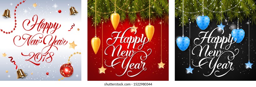 New Year postcard set with sparkles, bells, fir tree, hanging baubles on white, red, black background. Vector illustration for festive posters, greeting cards, flyers