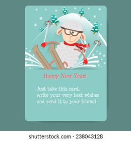 New year postcard with sheep on skis. Merry lamb coming down from mountain. Vector illustrations.