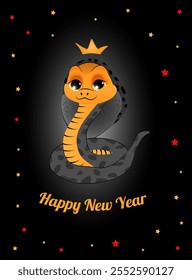 Cartão-postal de Ano Novo com símbolo do ano. Cobra bonita no fundo preto. Ilustração vetorial no formato vertical A4, A5.