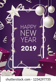New Year postcard template with frame decorated by glowing light garland, silver bauble, festive presents on purple background. Elegant realistic vector illustration for winter holiday celebration.