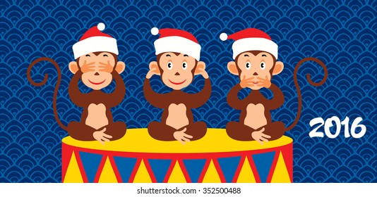 New Year postcard with three cartoon monkeys