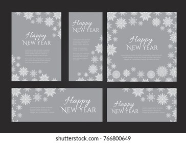 New year postcards design template set in colors of gray and white. Web and print vector samples. Holiday decoration with Happy New Year lettering and golden snow confetti