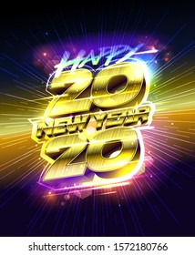 New year poster 2020, golden lettering, vector illustration