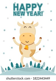 New year poster with 2021 symbol. Funny bull, snowflakes, christmas trees. Invitation, greeting card. Vector illustration
