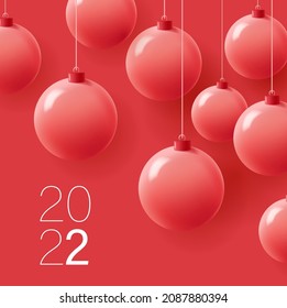 New year poster with 3d red mono chrome balls on red backdrop, upcoming 2022 year