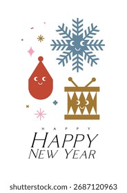 New year poster with cartoon tree toy, drums, snowflake drawing in cute smiling style with color on light background