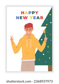 New year poster with character. People with sparklers. Happy people. Vector illustration concepts for background, greeting card, party invitation card, website banner, social media banner