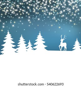 New Year Poster. Christmas background. Winter landscape with deer. White fairy forest