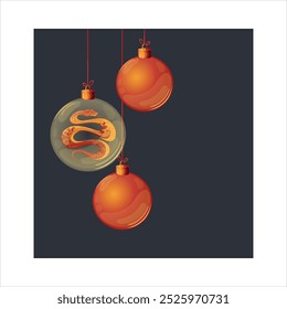 New Year poster with Christmas tree balls. Ball with Chinese symbol of the new year - a snake. Red-orange palette. New Year poster, banner, postcard. 2025
