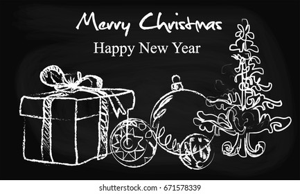 New Year poster with a Christmas tree, box, Christmas toys, set on a black background from a hand vector, Christmas background for a holiday greeting card
