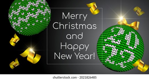 New year poster with congratulations and two green Christmas balls knitted of threads with the numbers 2022 on a black background with a gold serpentine. Vector drawing.