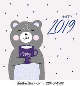 New Year poster with cute bear. Vector illustration