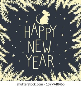New Year poster. Cute rat 2020 symbol of the year. Spruce tree branches frame.