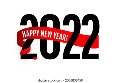 New Year poster design with 2022 numbers, happy new year wish on red ribbon, winter scarf. Vector illustration