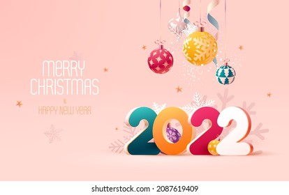 New year poster design 2022 with Christmas decoration.Colorful lettering with balls and snowflakes. Bright greeting card. 