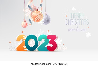 Diseño de afiches de Año Nuevo 2023 con decoración navideña. Letras coloridas con bolas y copos de nieve. Tarjeta de saludo brillante.