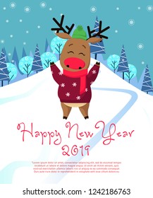 New Year poster design. Cute reindeer dancing on snowy slope, winter forest and snowfall in background. Vector illustration can be used for flyers, banners, greeting cards