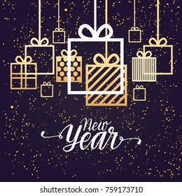 New Year Poster Design With Hanging Gift Boxes Over Glittering Blue Background Vector Illustration