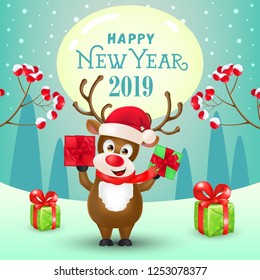 New Year poster design. Joyful reindeer showing gifts, spurs with berries and winter landscape in background. Illustration can be used for sale banners, flyer, greeting cards