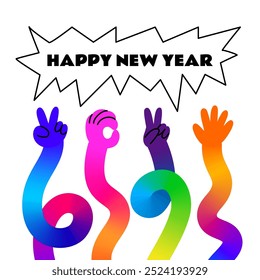 New Year Poster with Gradient Counting Hands. Funny and Bright 2025 Illustration. Creative New Year Greeting Card
