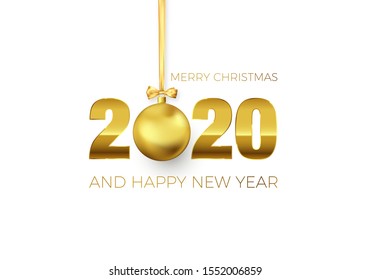 New Year Poster with Greeting Text. Golden Christmas Ball instead of zero in 2020. Holiday Decoration Element for Banner or Invitation. Vector illustration